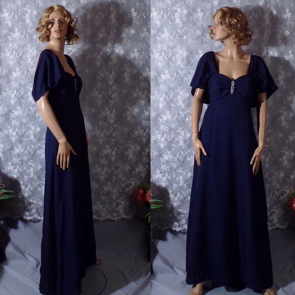 Vintage 80s Dress 1980s Dark Blue Evening Gown Formal Prom Greecian Size Small - Picture 1 of 6